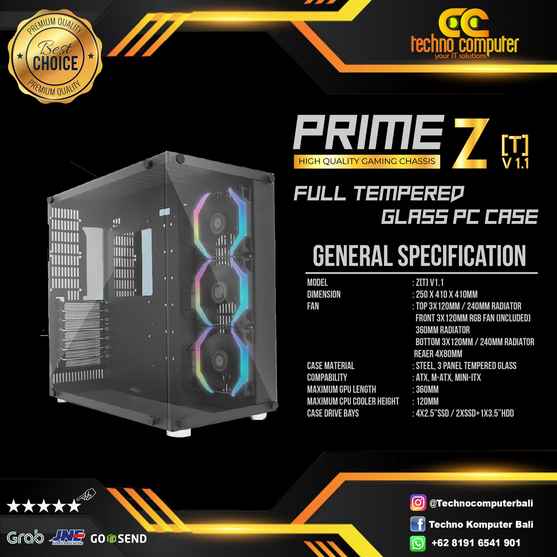 CASING PRIME GAMING Z-T V1.1 - Include GPU Riser (Free 3pcs 120mm Butterfly RGB Fan)