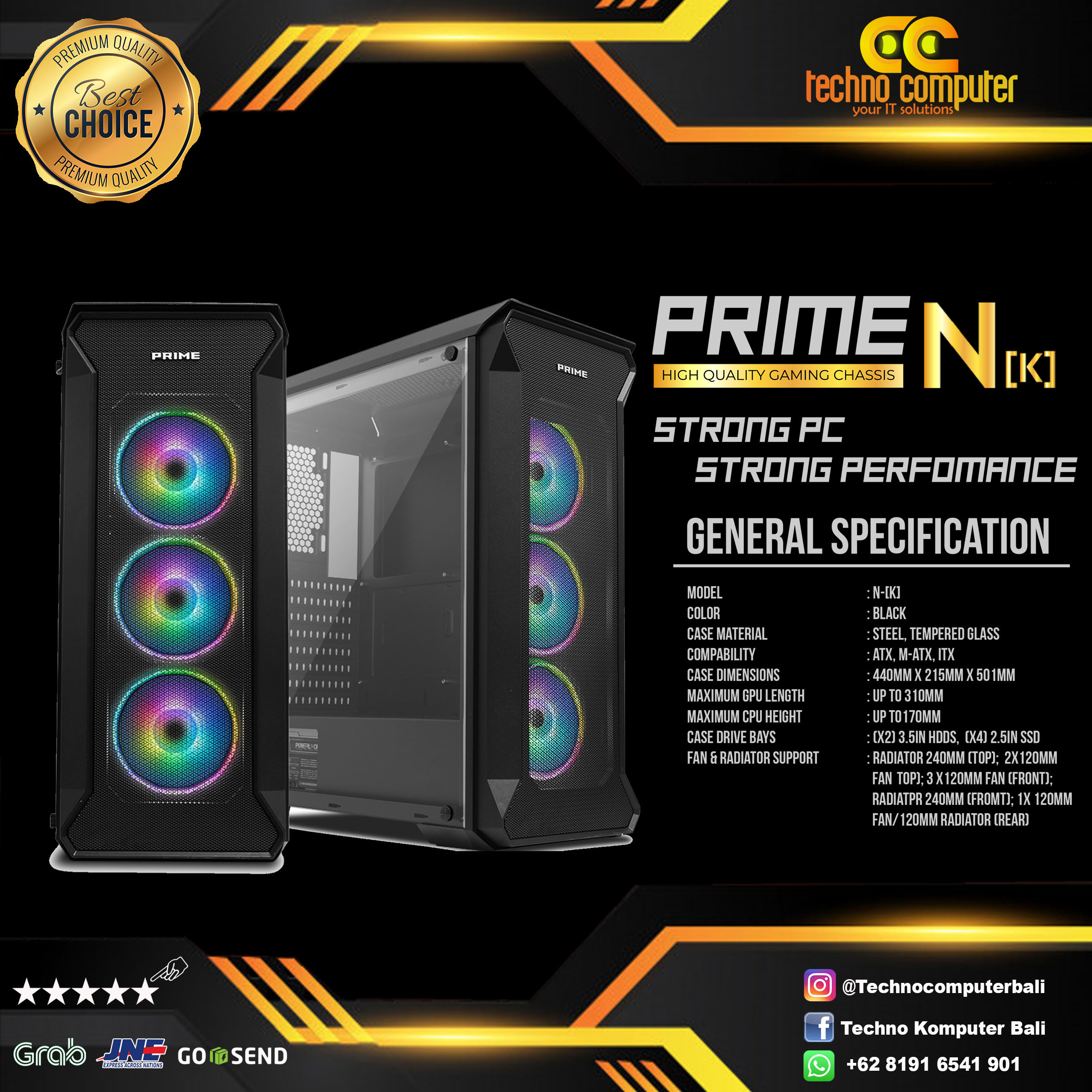 CASING PRIME GAMING N-K - ATX (Free 3pcs 120mm RGB Fan)