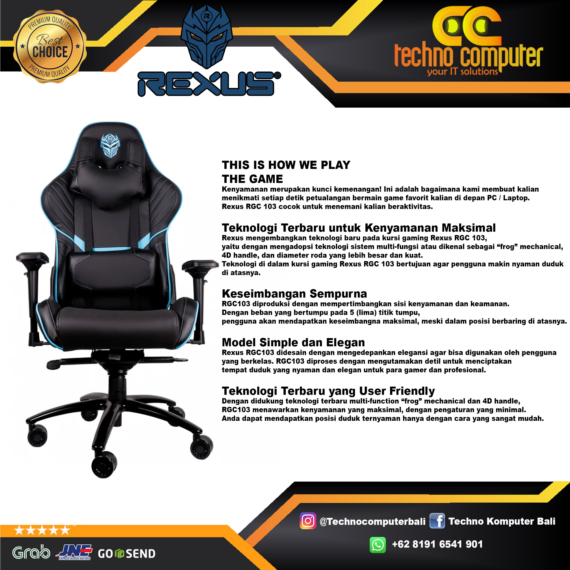 KURSI GAMING REXUS RGC-103 v2 GAMING CHAIR 4D Armrest - BLACK BLUE