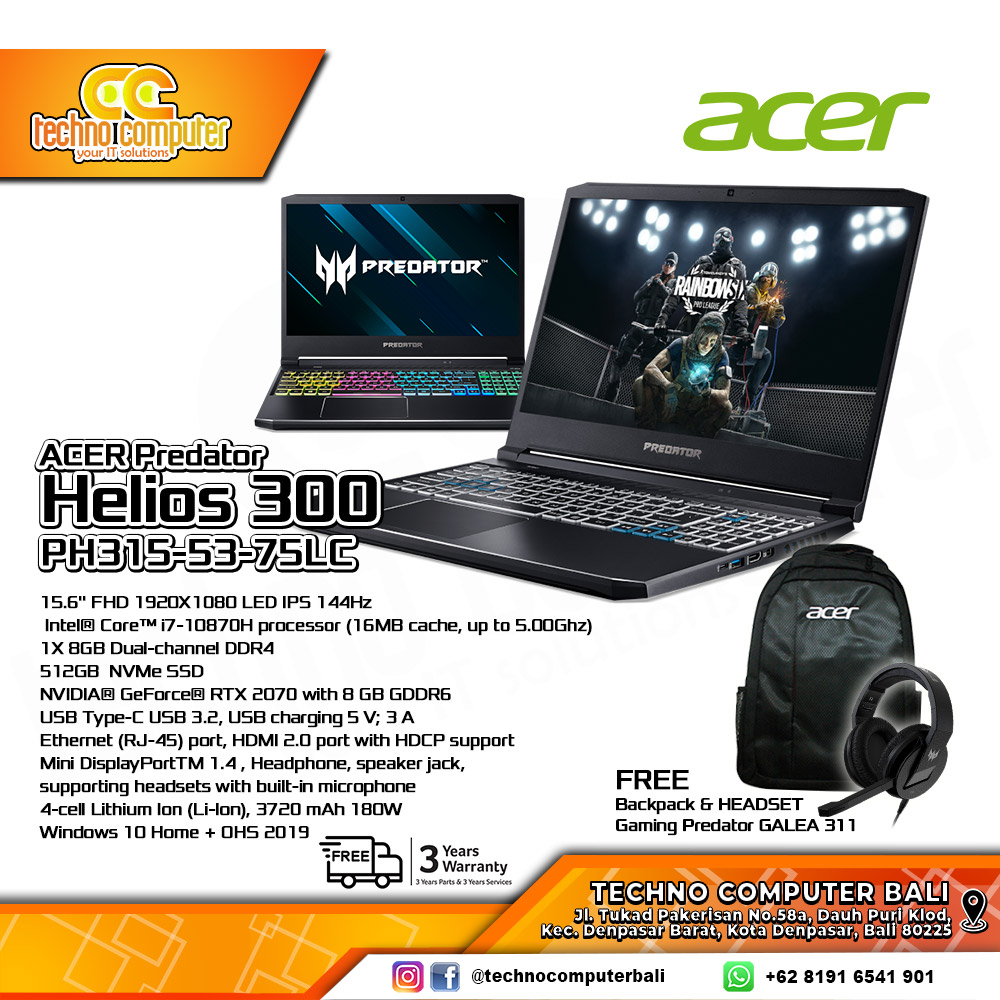 ACER PREDATOR HELIOS 300 PH315-53-75LC - I7-10870H RTX2070 240Hz