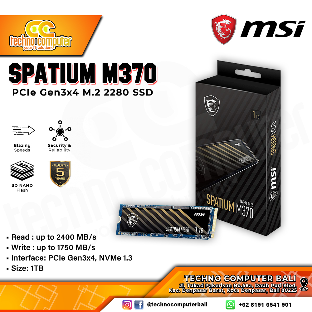 SSD MSI SPATIUM M370 M.2 NVMe 2280 PCIe Gen3 x4 - 1TB