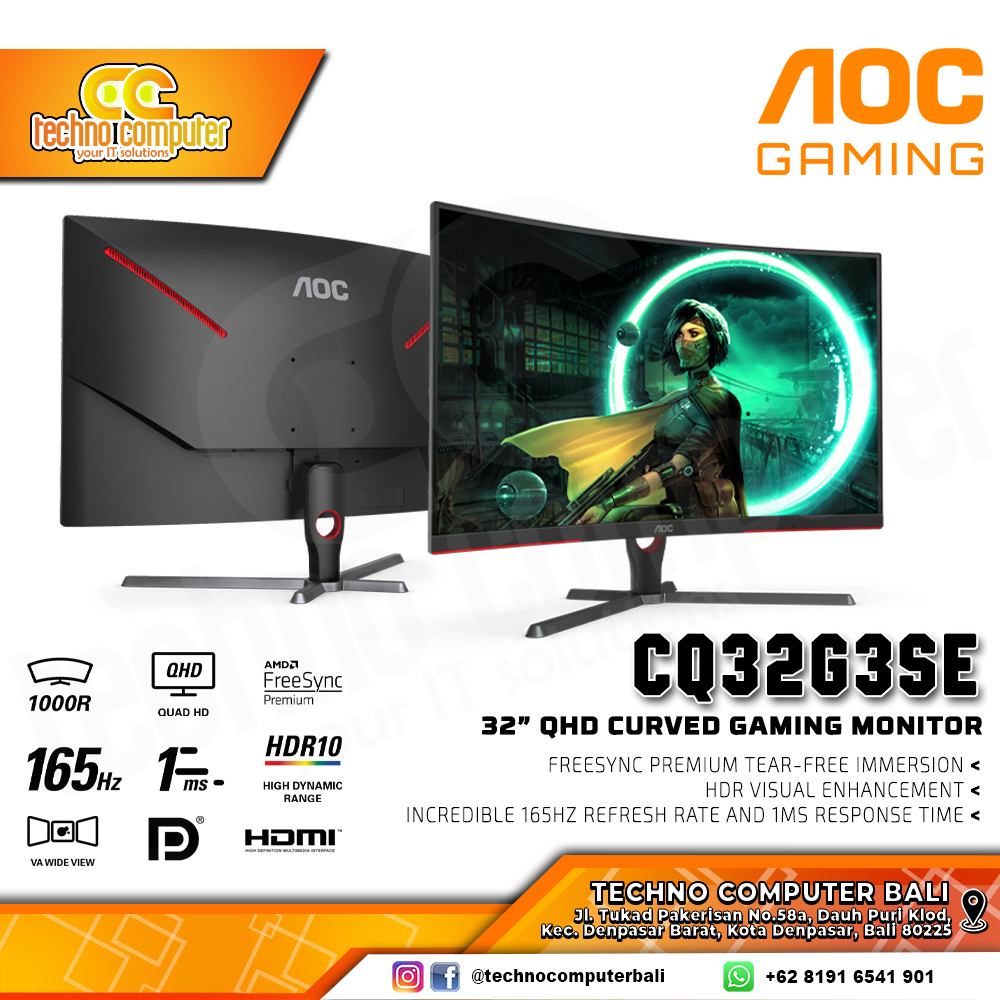 AOC CQ32G3SE/70 Curved Gaming Monitor - 32 inch, QHD (2560 x 1440), VA, 165Hz, 1ms, FreeSync
