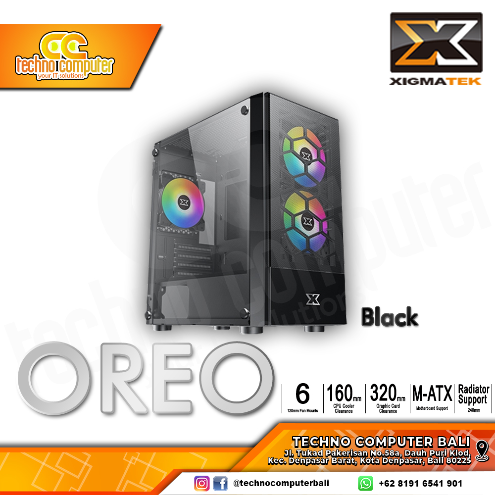 CASING XIGMATEK OREO Black - Mid Tower mATX Case Tempered Glass (Free 3x RGB Fan)