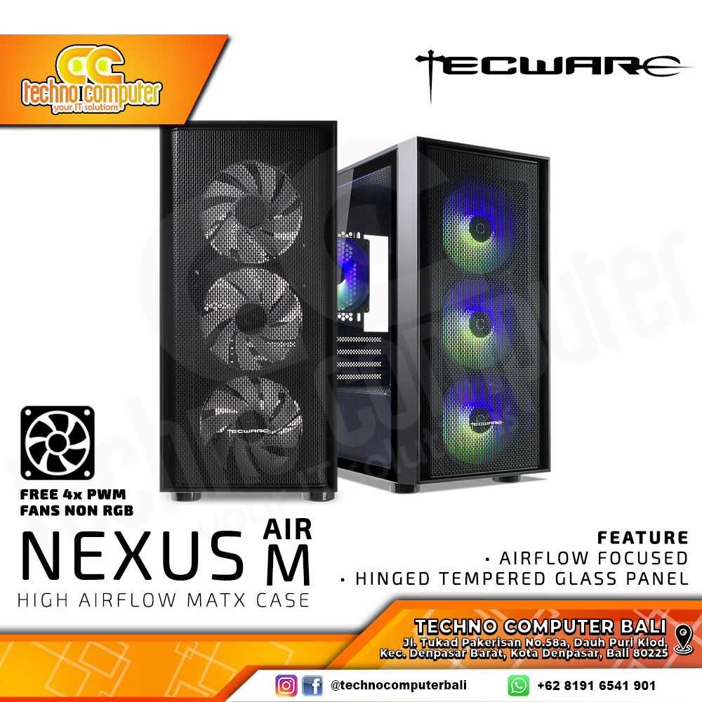 CASING TECWARE NEXUS AIR M TG Black - Mid Tower mATX Case (Free 4x Fan)
