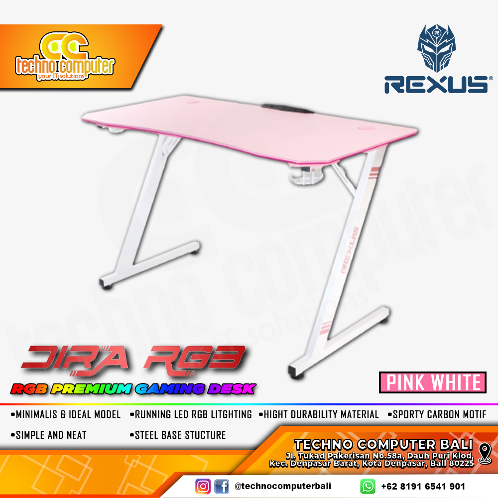 MEJA GAMING REXUS DIRA RXD-120 RGB GAMING DESK With Headphone Hook & Cup Holder - PINK/WHITE