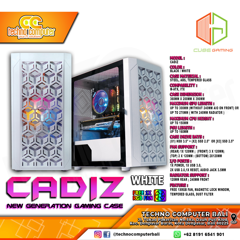 CASING CUBE GAMING CADIZ White - Mid Tower mATX Case Tempered Glass (Free 1x RGB Fan)