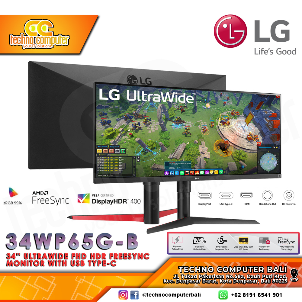 LG 34WP65G-B UltraWide Monitor - 34 inch, UW-FHD (2560 x 1080), IPS, 75Hz, FreeSync