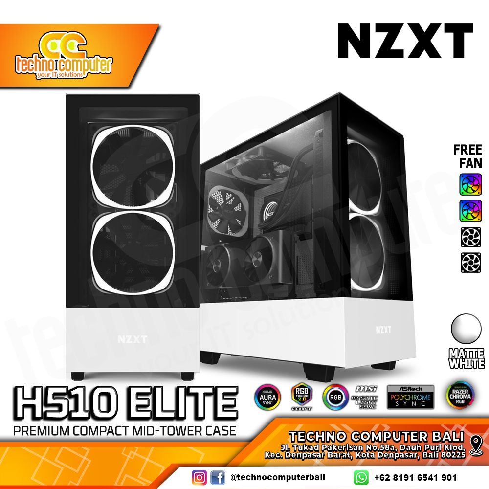 CASING NZXT H510 ELITE Matte White - Mid Tower ATX Case Tempered Glass (Free 2x ARGB Fan)