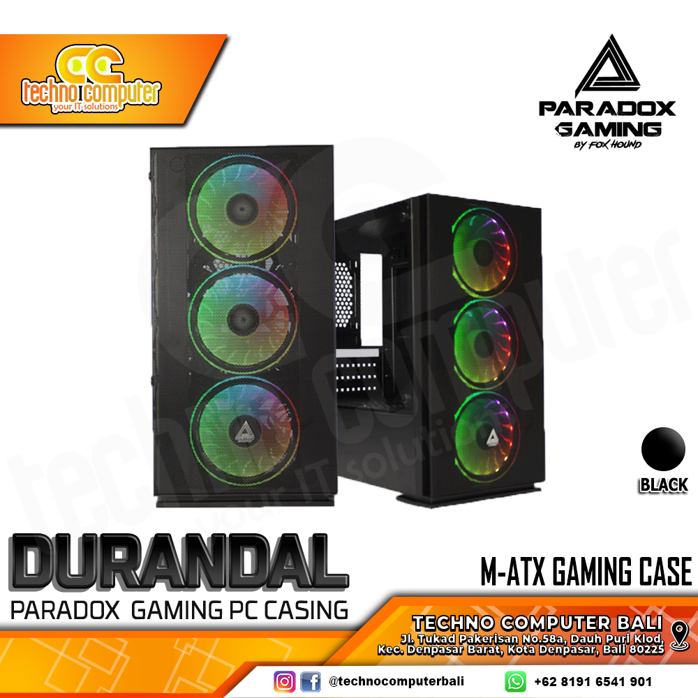 CASING PARADOX GAMING DURANDAL Black - Mid Tower mATX Case Tempered Glass (Free 3x RGB Fan)