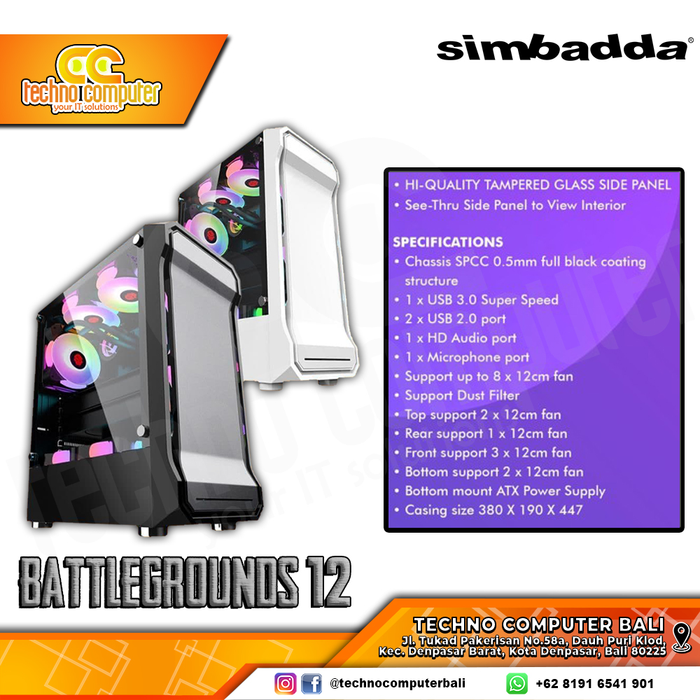 CASING SIMBADDA BATTLEGROUND 12 Black - Mid Tower ATX Case Tempered Glass