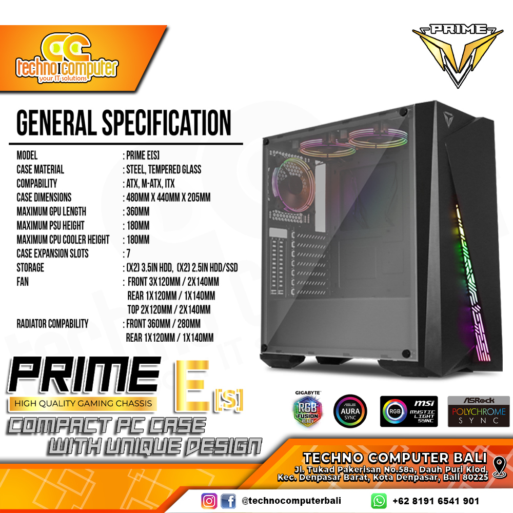 CASING PRIME GAMING E-[S] - Mid Tower ATX Case Tempered Glass (Free 3x RGB Fan)
