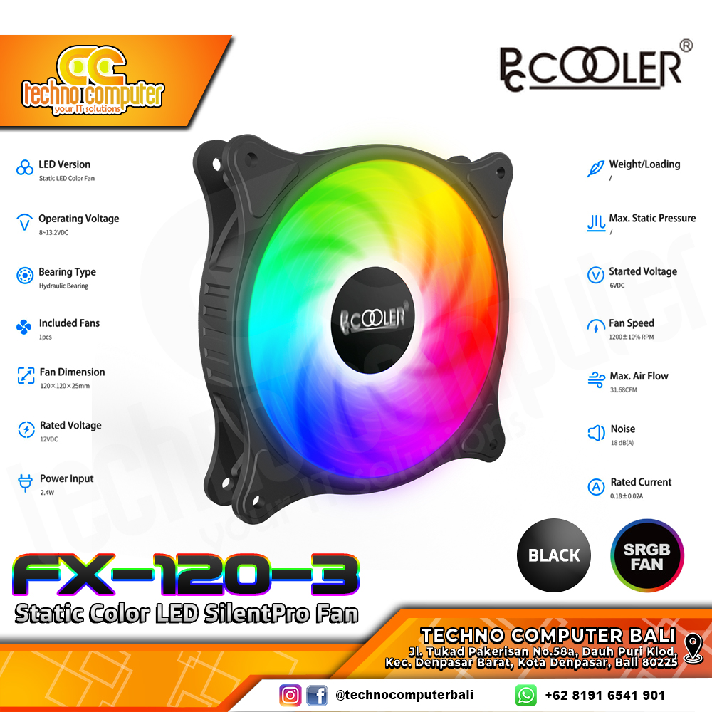FAN CASING PC-COOLER FX120-3 BLACK Fix Led Colour - 120mm Single Pack