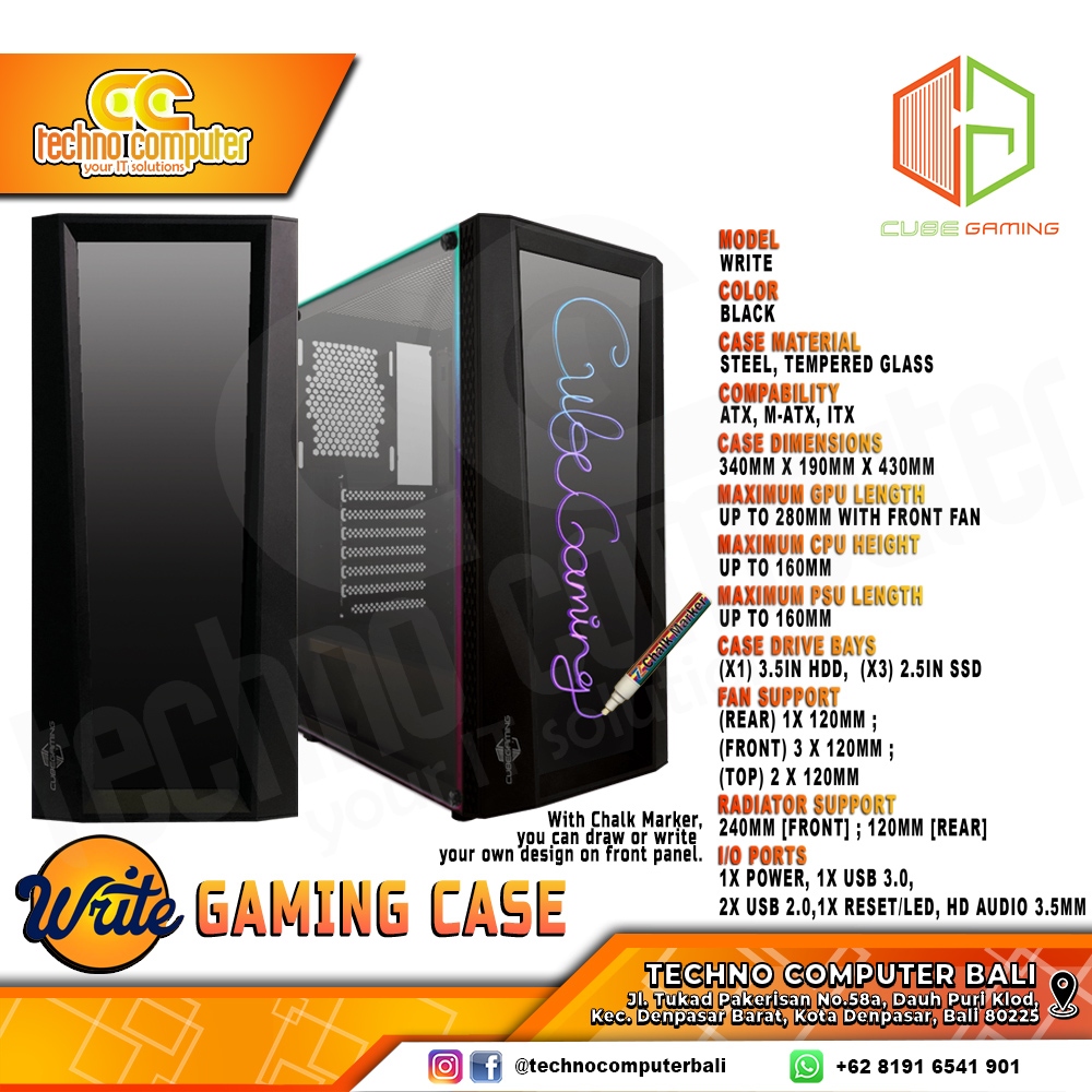 CASING CUBE GAMING WRITE - Mid Tower ATX Case Tempered Glass