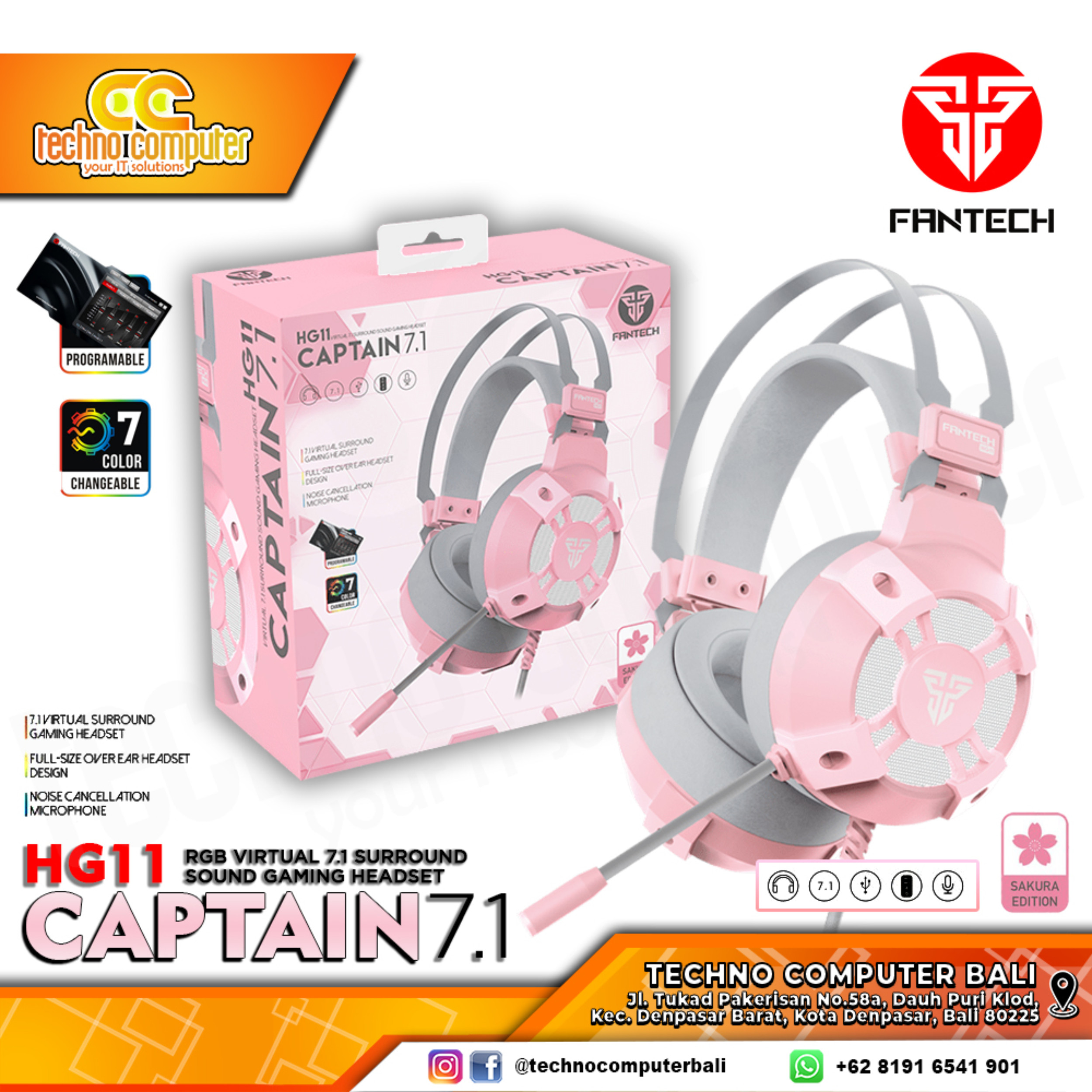HEADSET FANTECH HG11 Sakura Edition - 7.1 Virtual Surround Sound - Gaming Headset