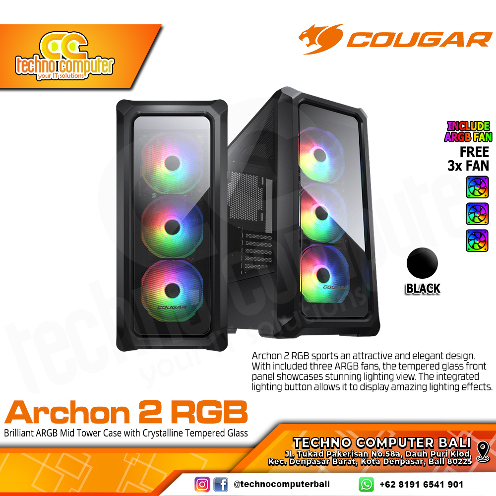 CASING COUGAR ARCHON 2 RGB Black - Mid Tower ATX Case Tempered Glass (Free 3x ARGB Fan)