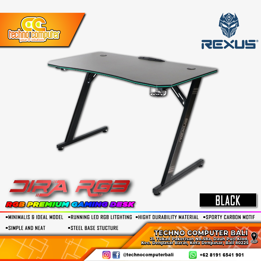 MEJA GAMING REXUS DIRA RXD-120 RGB GAMING DESK With Headphone Hook & Cup Holder - BLACK/BLACK