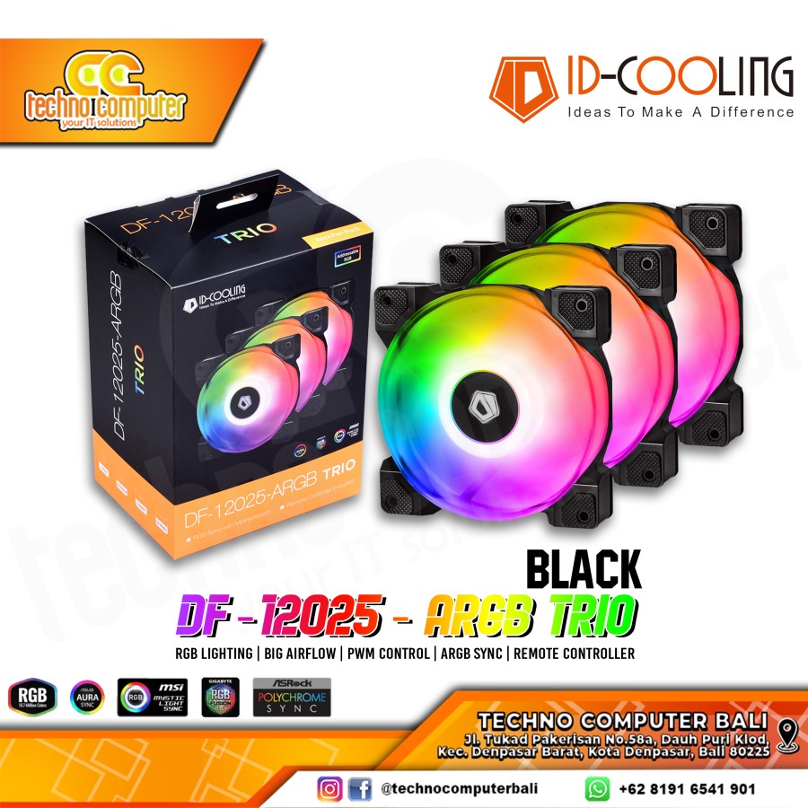 FAN CASING ID-COOLING DF-12025-ARGB TRIO BLACK - 120mm ARGB PWM Fan Triple Pack