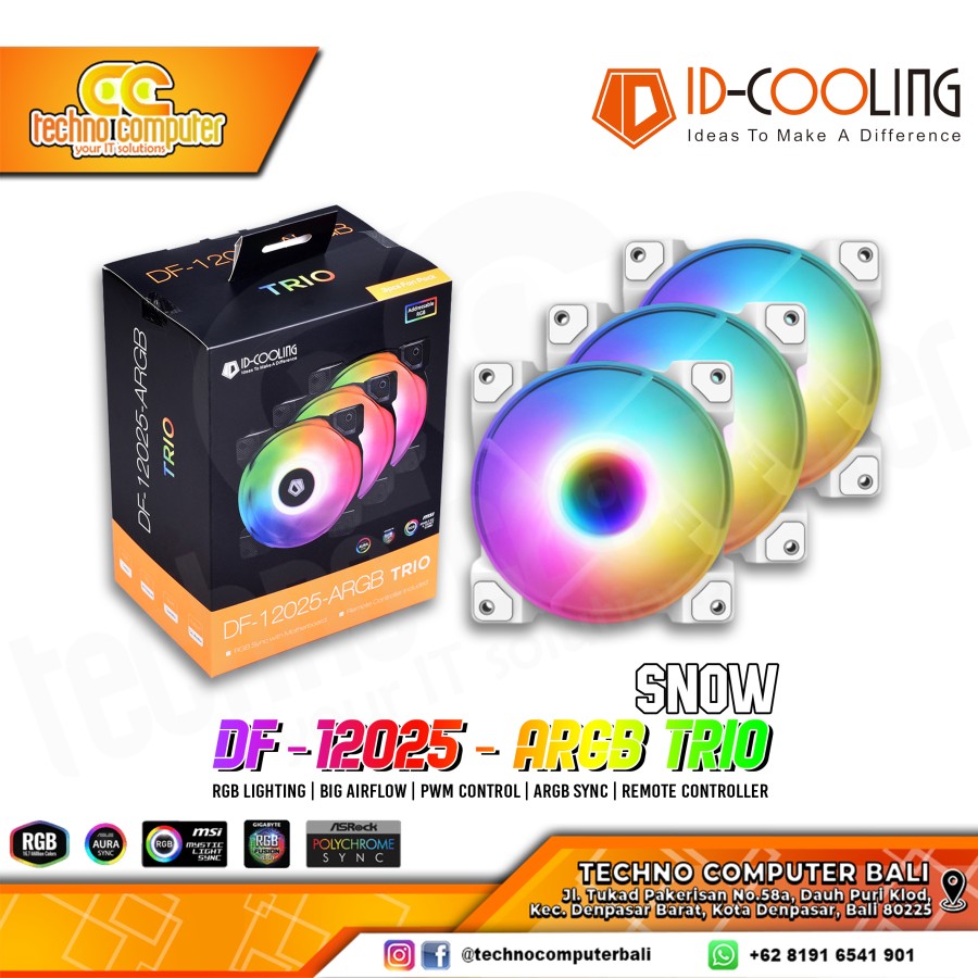FAN CASING ID-COOLING DF-12025-ARGB TRIO SNOW - 120mm ARGB PWM Fan Triple Pack