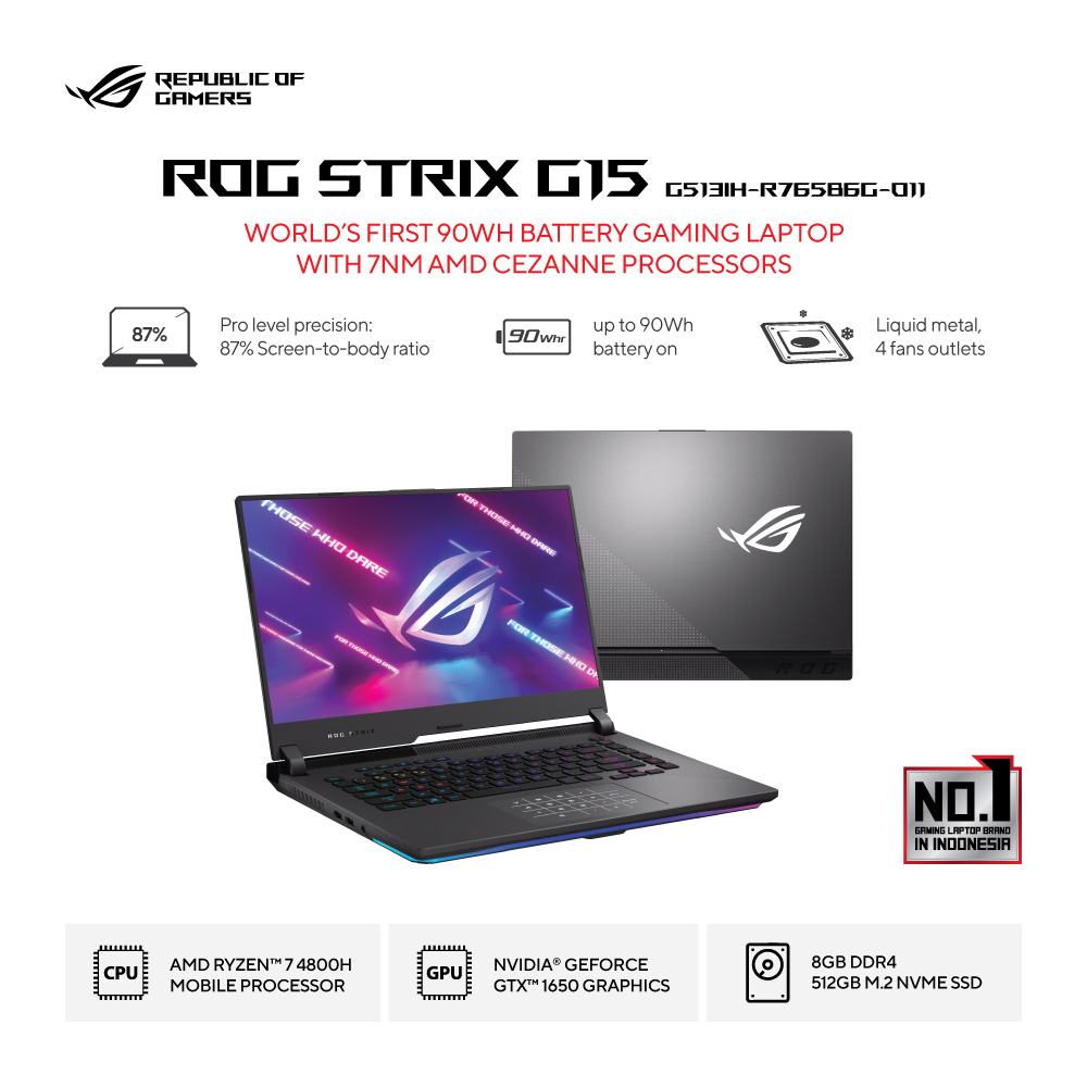 ASUS ROG Strix G15 [G513IH-R765B6G-O11] AMD Ryzen 7-4800H/RAM 8GB/SSD 512GB/GTX1650/Win11 Home