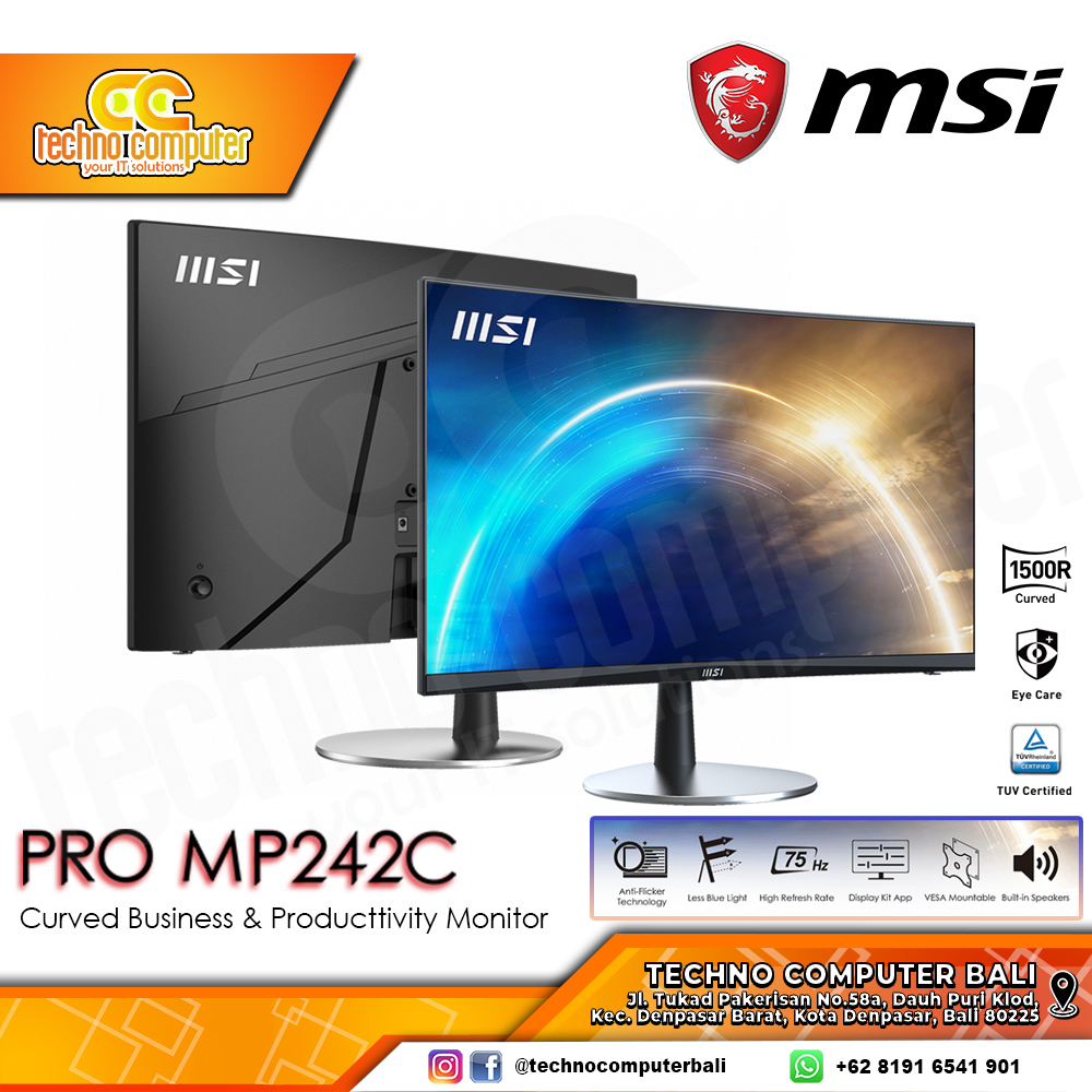 MSI PRO MP242C Curved Business & Productivity Monitor - 24 inch, FHD (1920 x 1080), VA, 75Hz, 5ms