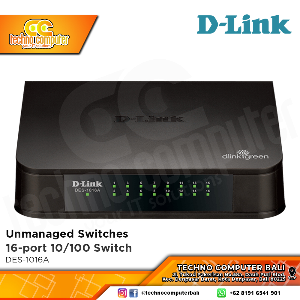 SWITCH HUB D-LINK DES-1016A 16 Port 10/100Mbps Unmanaged Switch Plastic Case