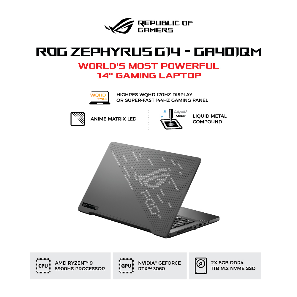 ASUS ROG Zephyrus G14 [GA401QM-R936A6G-O] AMD Ryzen 9-5900HS/RAM 16GB/SSD 1TB/RTX 3060/Win10