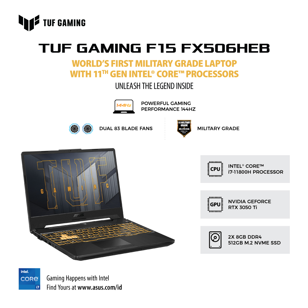 ASUS TUF Gaming F15 [FX506HEB-I7R5B6G-O] Core i7-11800H/RAM 16GB/SSD 512GB/RTX 3050TI/Win10