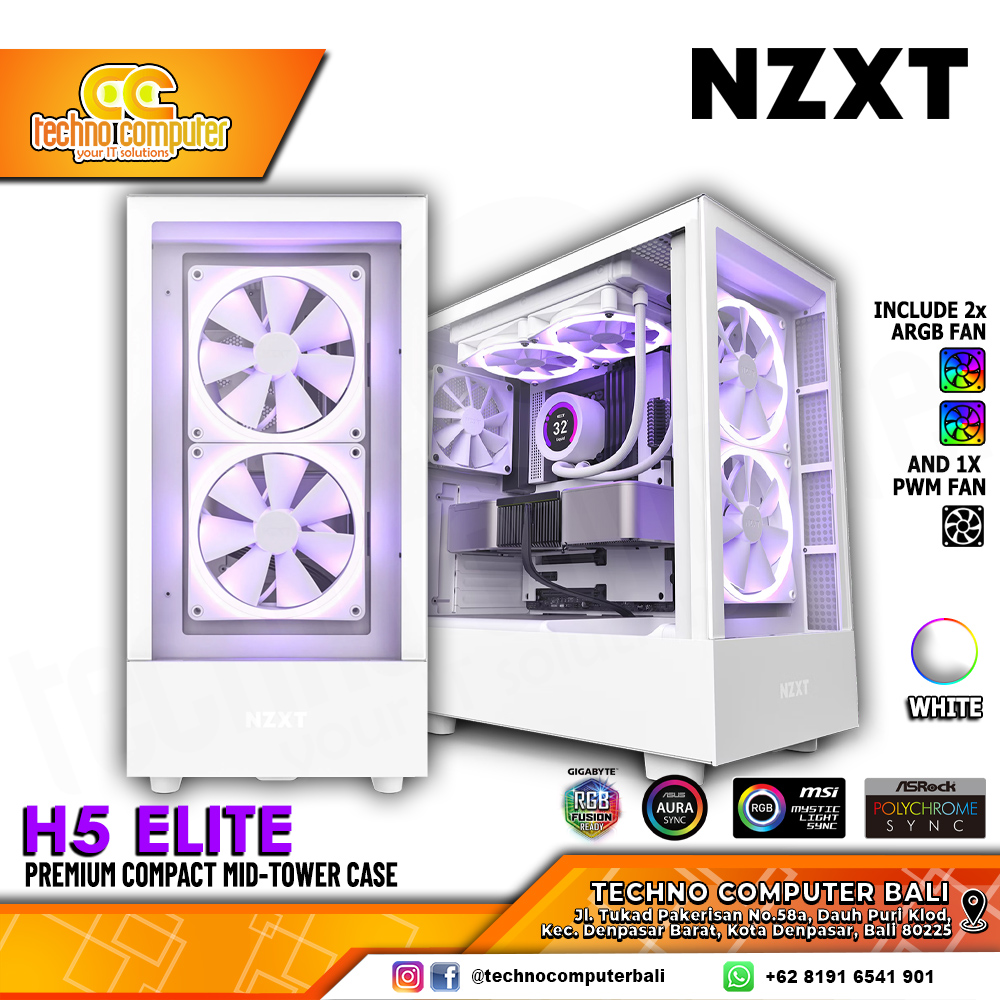 CASING NZXT H5 ELITE Edition White - Mid Tower ATX Case Tempered Glass (Free 2x ARGB Fan)