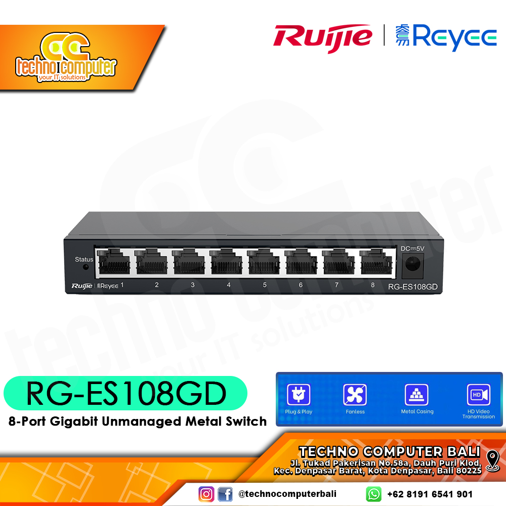 SWITCH HUB RUIJIE/REYEE RG-ES108GD 8-Port Gigabit Unmanaged Metal Case Switch