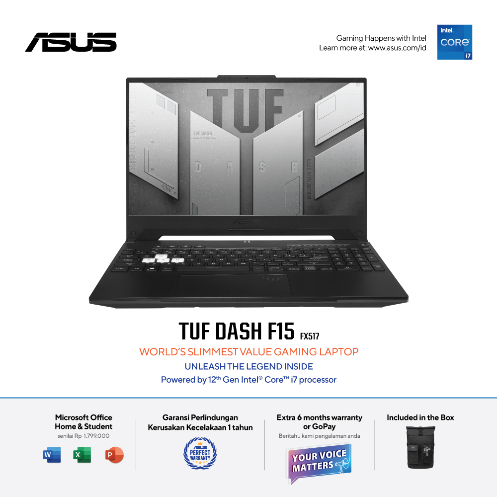 ASUS TUF Dash F15 [FX517ZC-I735B8T-O] Core i7-12650H/RAM 8GBx2/SSD 1TB/RTX 3050/Win11