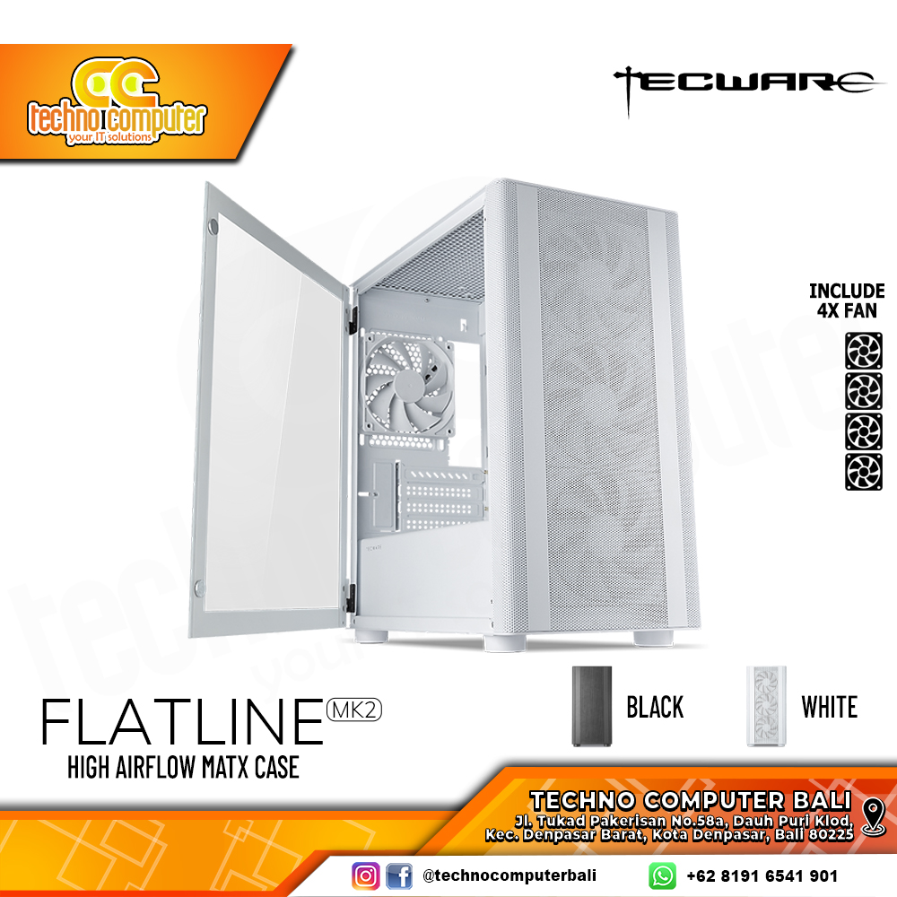 CASING TECWARE FLATLINE TG MK2 WHITE - Mini Tower mATX Case Tempered Glass (Free 4x Fan)