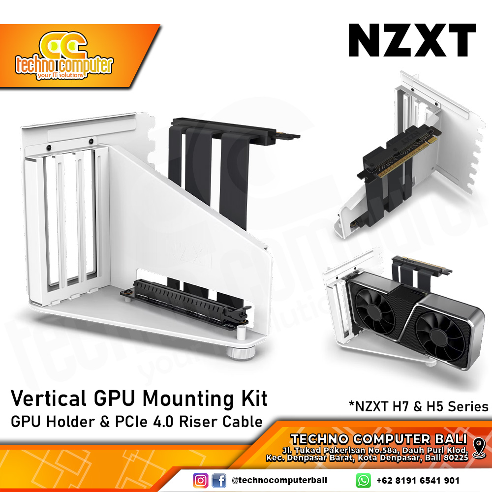 NZXT Vertical GPU Mounting Kit White - GPU Holder & PCIe 4.0 Riser Cable