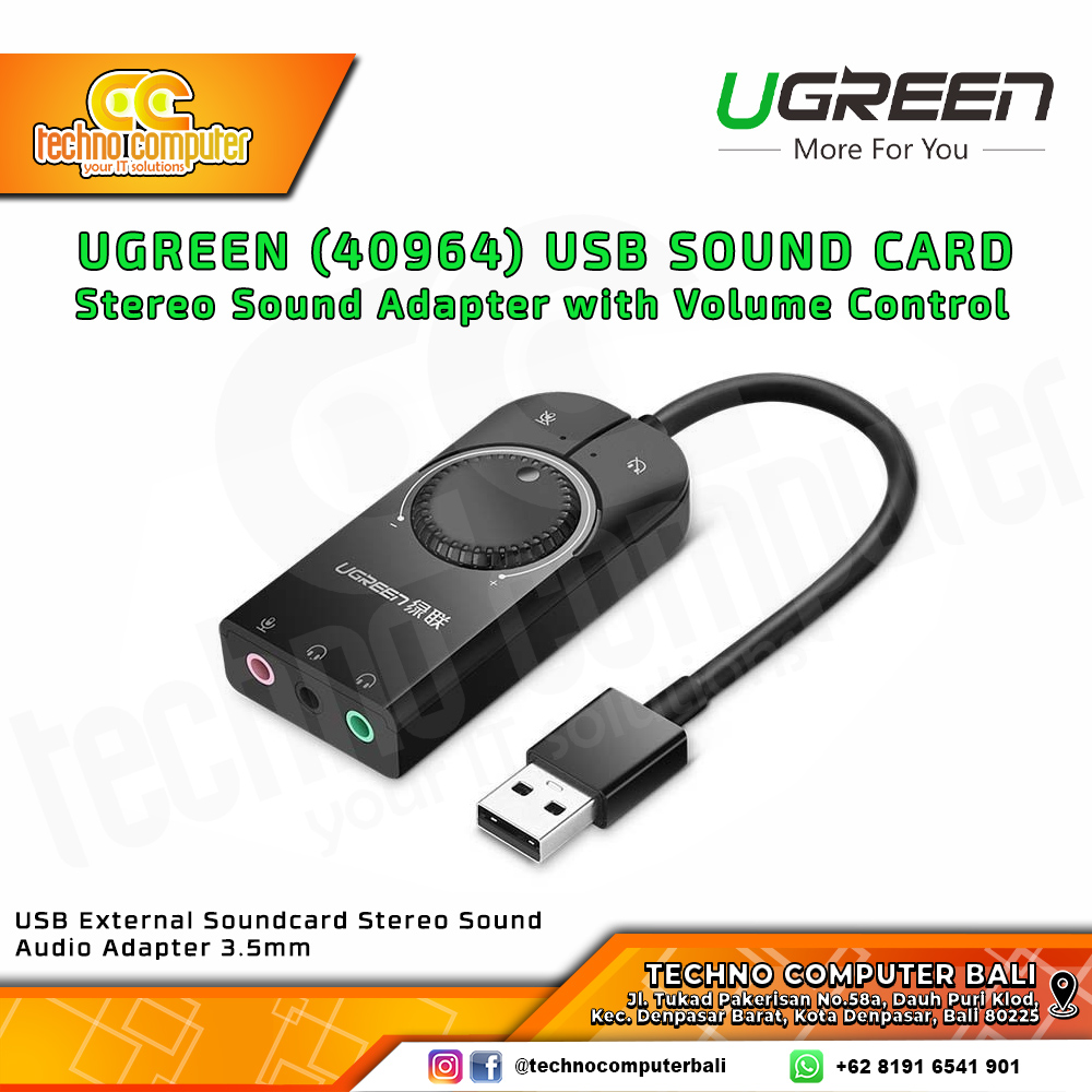 UGREEN USB Sound Card External Stereo Sound Adapter w/ Volume Control - (40964) 0.15M
