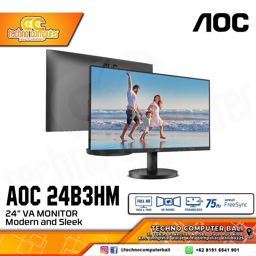 AOC 24B3HM LED Monitor - 24 inch, FHD (1920 x 1080), VA, 75Hz, 4ms