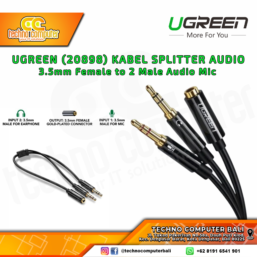 UGREEN KABEL SPLITTER AUDIO - 3.5mm Female to 2 Male Audio Mic - (20898)