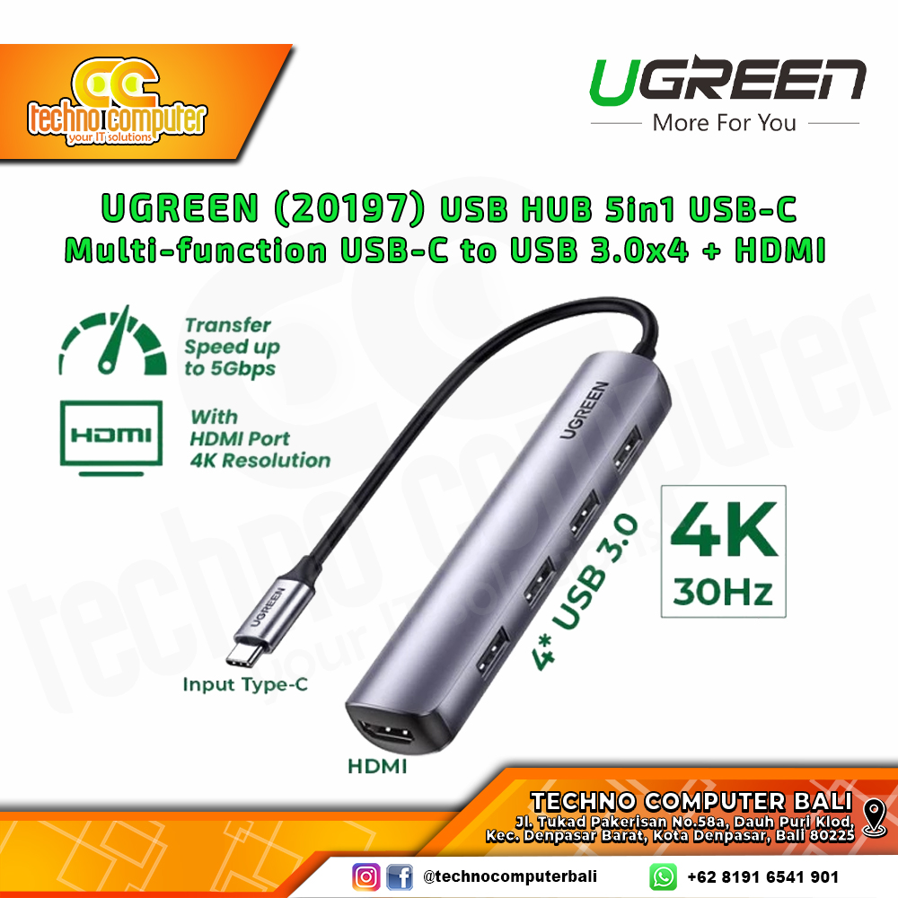 UGREEN (20197) USB HUB 5in1 USB-C Multi-function USB-C to USB 3.0x4 HUB + HDMI