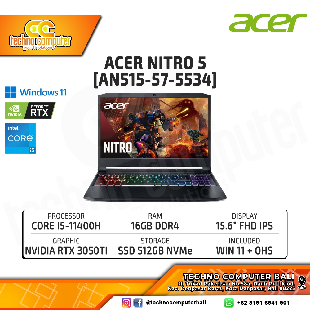 ACER Nitro 5 [AN515-57-5534] Intel Core i5-11400H/RAM 16GB/SSD 512GB/RTX 3050TI/ Win11