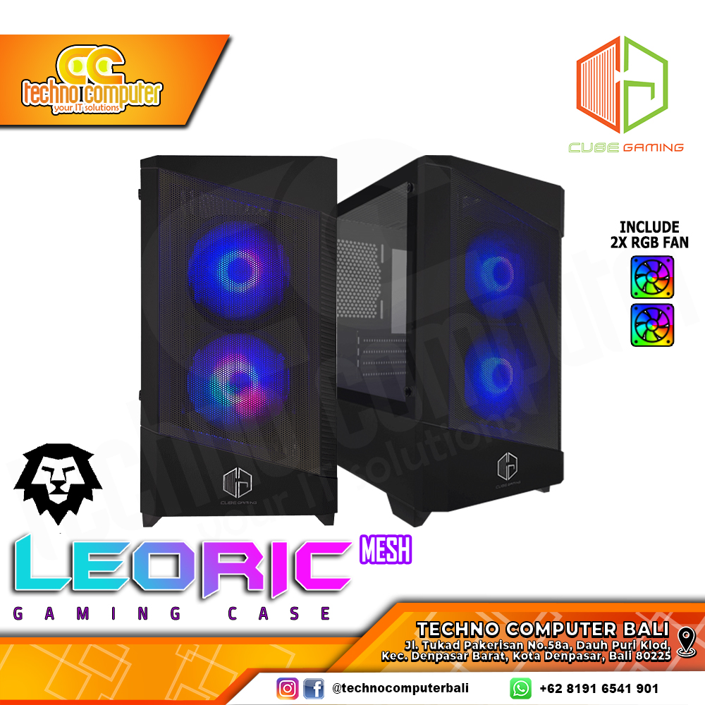 CASING CUBE GAMING LEORIC Mesh Black - Mid Tower mATX Case Tempered Glass (Free 2x RGB Fan)