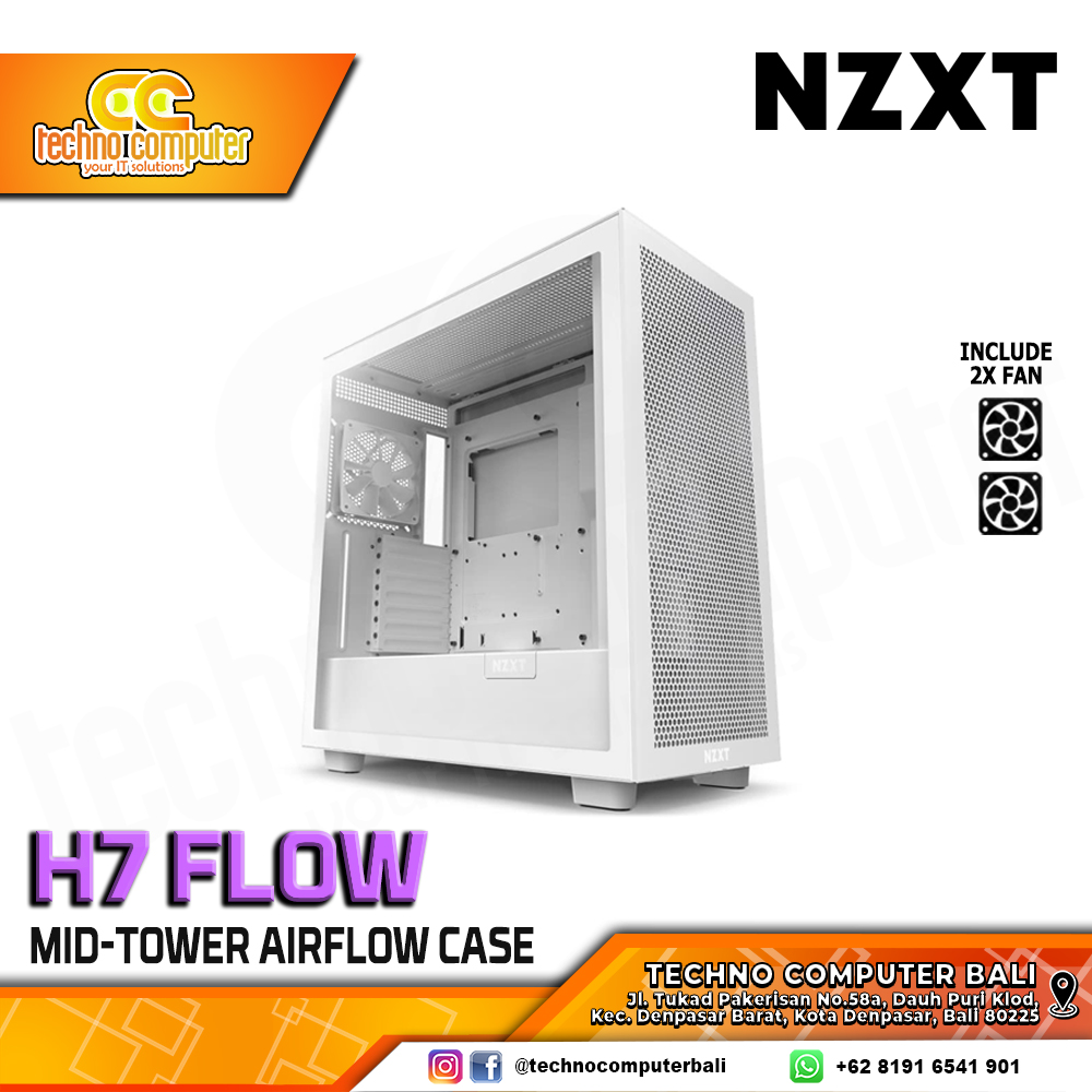 CASING NZXT H7 FLOW White - Mid Tower ATX Case Tempered Glass (Free 2x Fan)