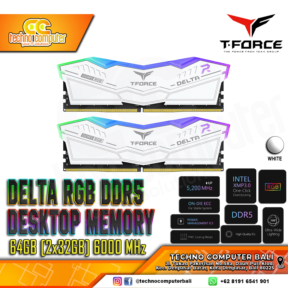 DDR5 TEAM T-FORCE DELTA RGB 64GB (2x32GB) Kit 6000Mhz CL38 - White