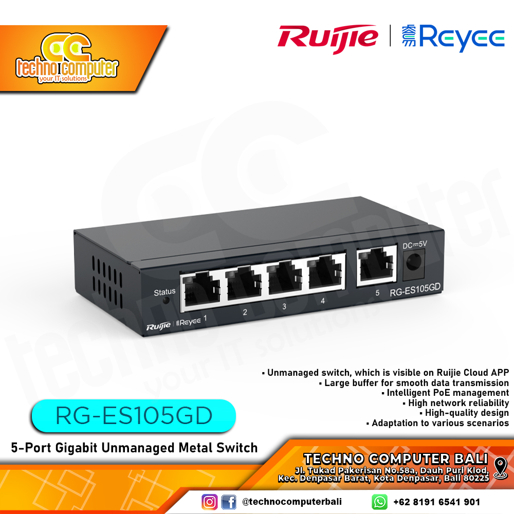 SWITCH HUB RUIJIE/REYEE RG-ES105GD 5-Port Gigabit Unmanaged Metal Case Switch