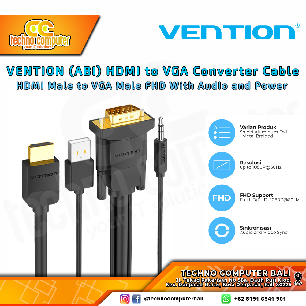 VENTION KABLE CONVERTER DISPLAY - HDMI Male to VGA Male FHD With Audio and Power - ABI 1.5M