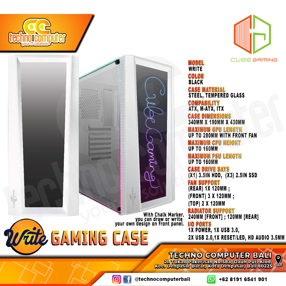 CASING CUBE GAMING WRITE White - Mid Tower ATX Case Tempered Glass