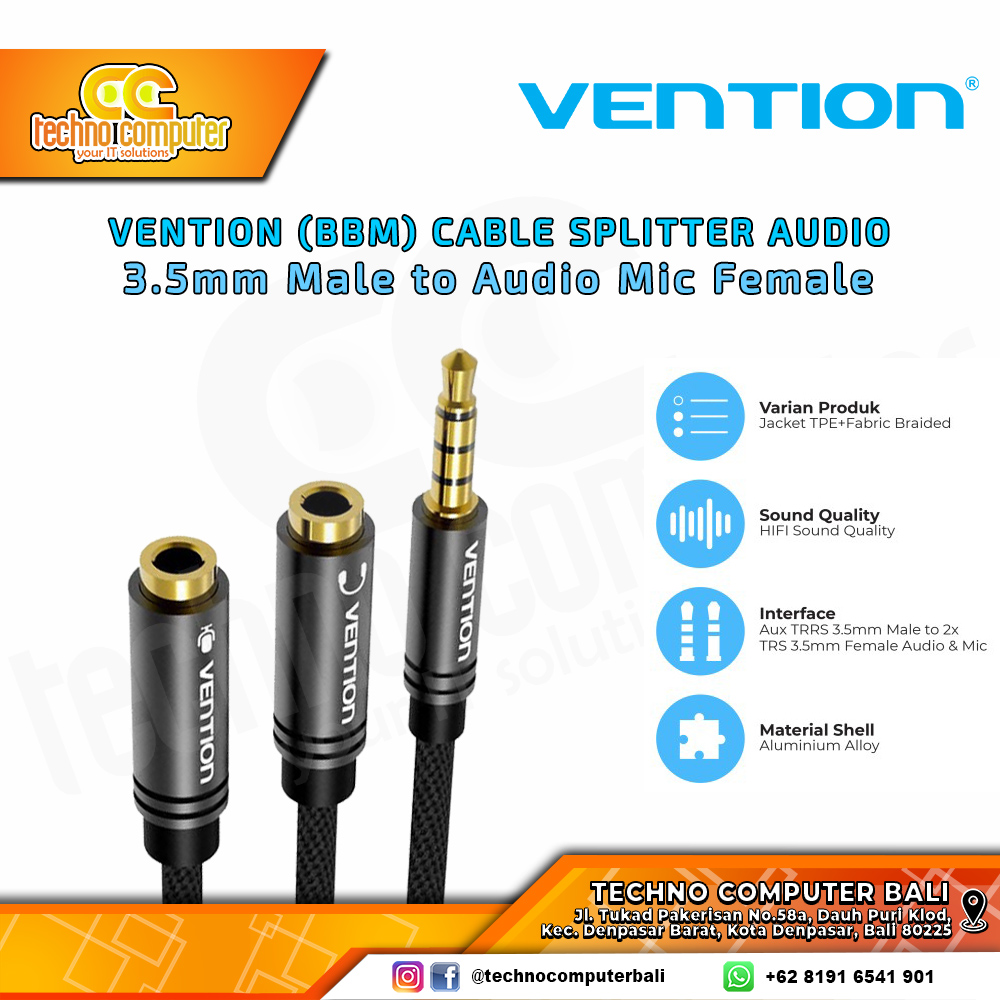 VENTION KABEL SPLITTER AUDIO - 3.5mm Male to Audio Mic Female Cotton Braided - BBM 0.3M