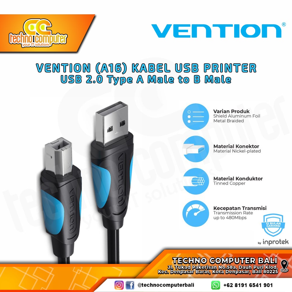 VENTION USB PRINTER - USB 2.0 Type A Male to B Male Printer - A16 8M