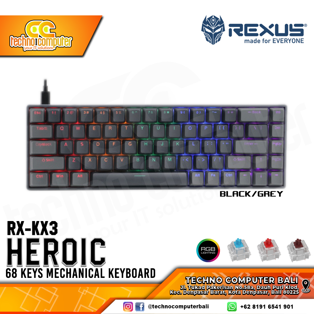 REXUS HEROIC KX3 Black/Grey - Mechanical Brown Switch - Gaming Keyboard