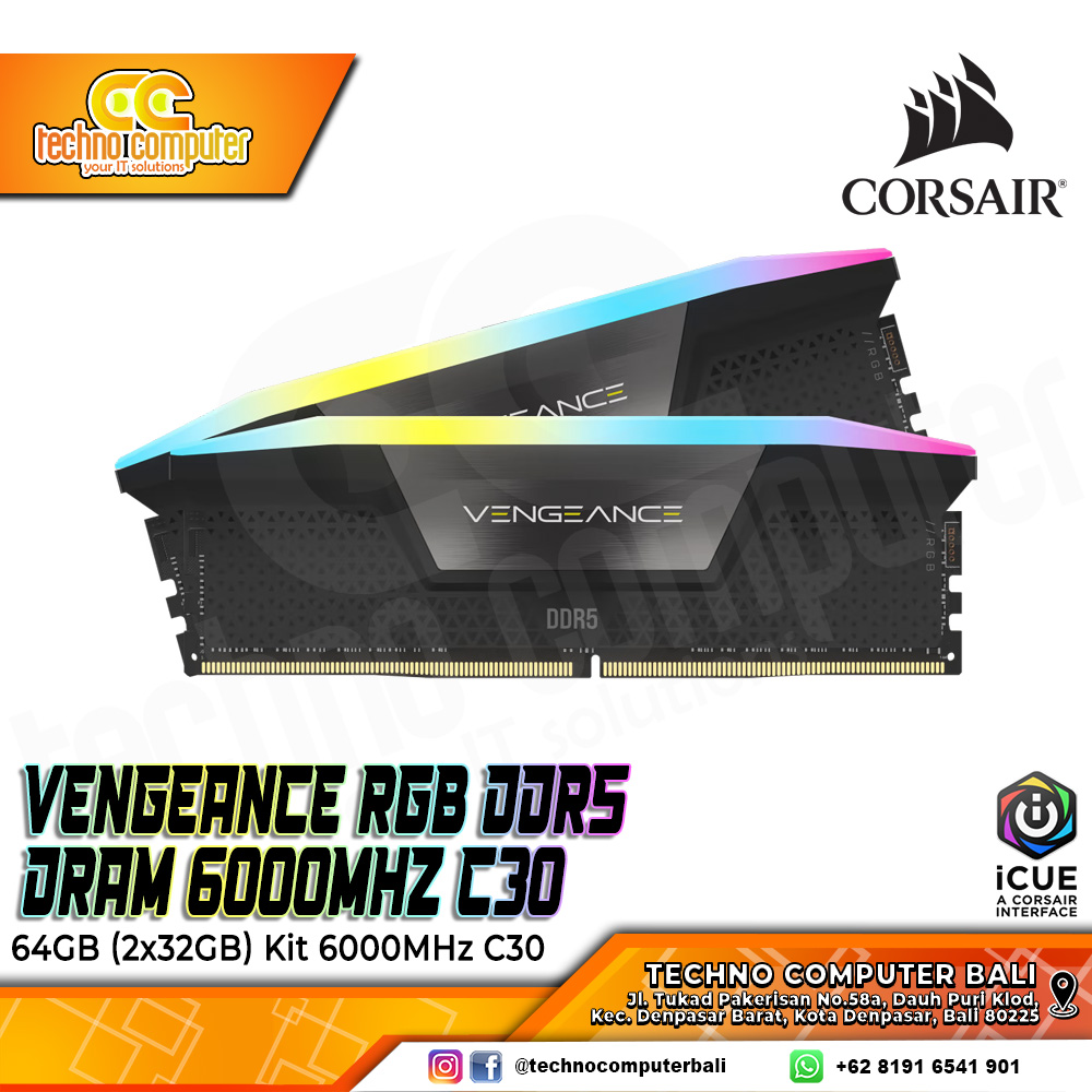 DDR5 CORSAIR VENGEANCE RGB 64GB (2x32GB) Kit 6000MHz C30 - BLACK