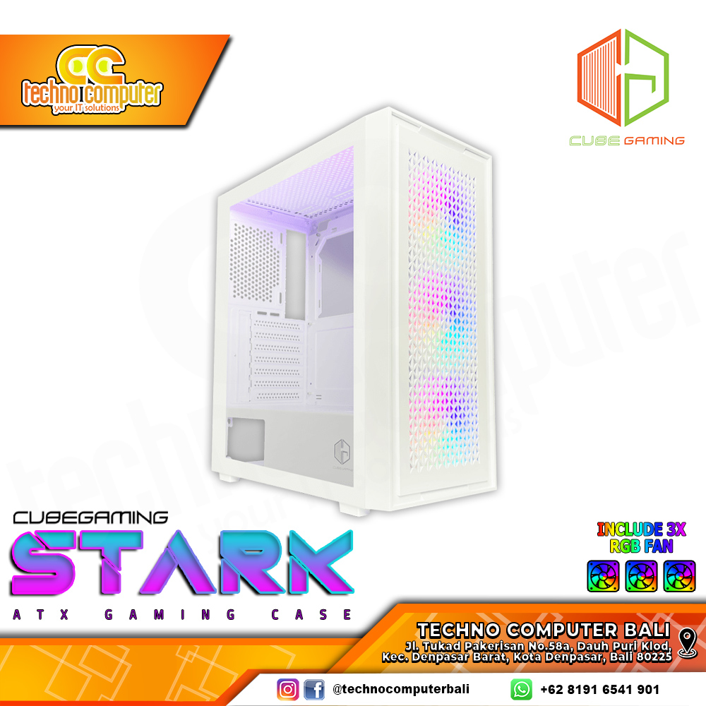 CASING CUBE GAMING STARK White - Mid Tower ATX Case Tempered Glass (Free 3x RGB Fan)