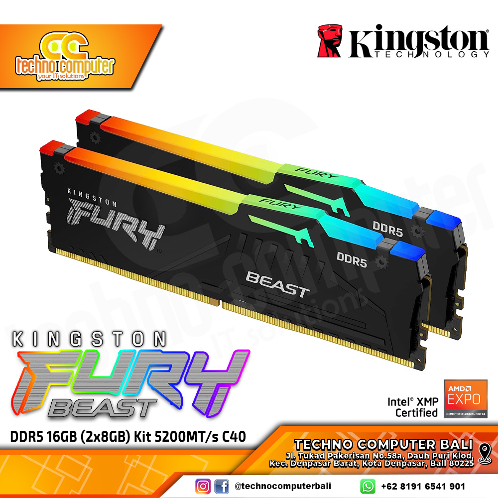 DDR5 KINGSTON FURY BEAST RGB 16GB (2x8GB) Kit 5200Mhz CL40