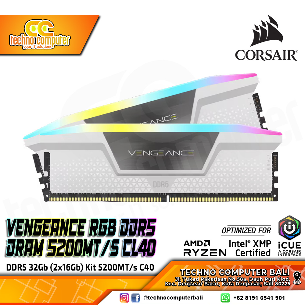 DDR5 CORSAIR VENGEANCE RGB 32GB (2x16GB) Kit 5200MHz CL40 - WHITE